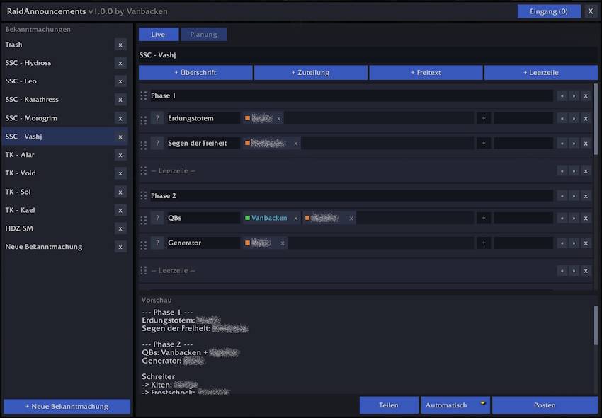 Main window: announcements on the left, row editor and preview on the right
