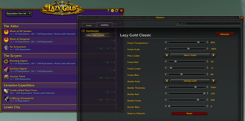 Settings panel