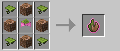 Image of living Moss crafting recipe, it requires 4 big dripleaf, one at each corner, 4 rooted dirt, one between each big dripleaf and a spore blossom at the center