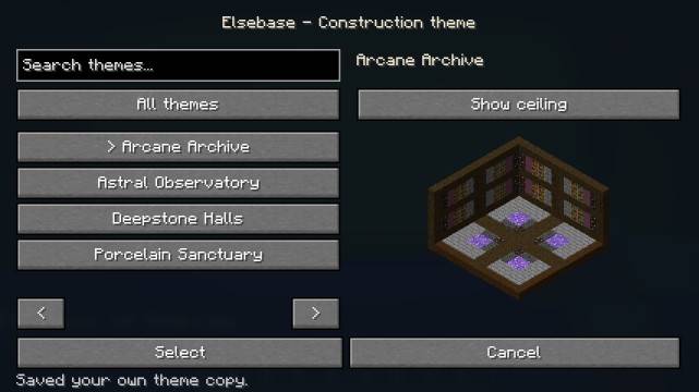 Actual Minecraft menu preview of the Arcane Archive room theme.