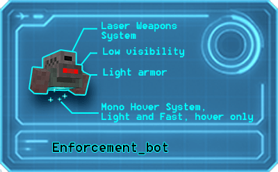 the Enforcement bot hologram image, describes the small light weight hover bot.