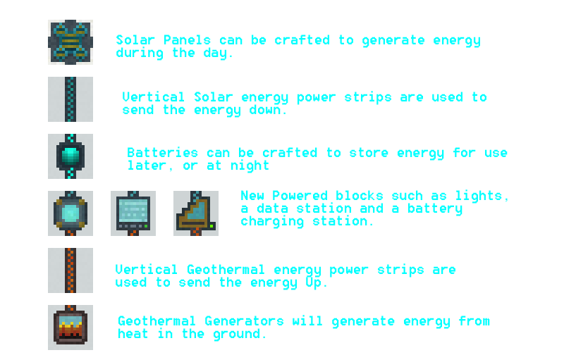 an image with the new powered blocks, including a solar panel, geothermal generator, power strips, a data station, light and battery charger