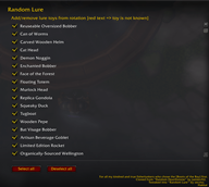 Selectable List of Lures/Bobbers