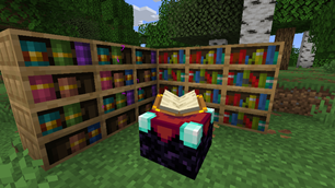 Purple chiseled bookshelves particles