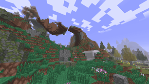 Beta-style terrain with modded biomes, blocks, and structures.