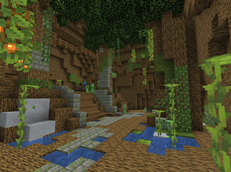 A gnarled halls intersecting a lush cave.