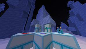 Ice bricks, popsicles, an ice shard and ice dagger along with candles in an ice spikes biome
