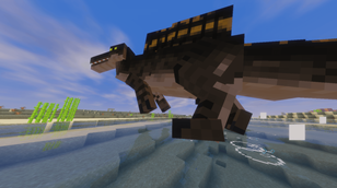 A Spinosaurus diving out of the water