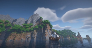 A merchant ship on the coast, near the frog village