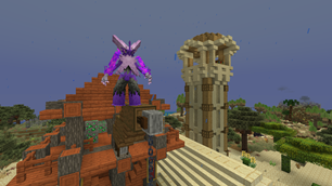Radiant mega-Blaziken on top of a building.