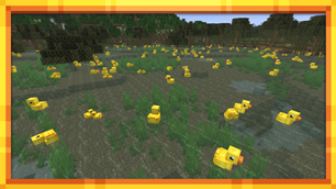 Rubber Ducks floating around in a lake inside a Swamp