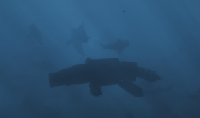Aquatic dinosaur swimming and surrounded by aquatic predators