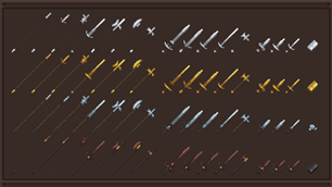 Showcase of silver, gold, diamond and netherite weapons