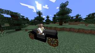Player dressed up and driving a car.