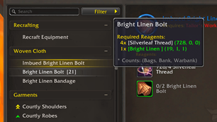 Tooltip with mats count and availability