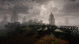 This foggy Minecraft scene feels dark and calm, with water, grass, and tall trees.