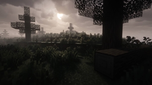 A dark voxel landscape glows softly under a cloudy sky, creating a haunting and cinematic atmosphere.