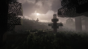 A shadowy voxel woodland scene with fog, dramatic clouds, and soft light breaking over the horizon.