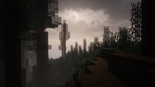 Foggy Minecraft hillside with silhouetted trees and pale sunlight glowing beneath heavy clouds.