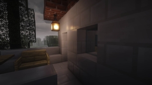 A cozy Minecraft balcony glows under a hanging lantern as misty trees fade into the gray morning.