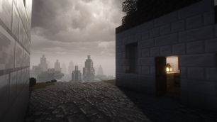 A moody Minecraft rooftop overlooks a foggy landscape as warm lantern light spills from the doorway.