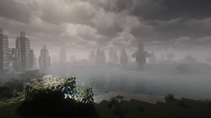 A fog-covered Minecraft lake sits beneath heavy clouds, creating a cold and cinematic scene.