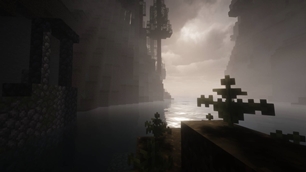 A misty Minecraft river winds through towering cliffs under soft, fading light.