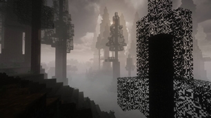 A foggy Minecraft forest stretches into the distance beneath towering trees and pale storm light.