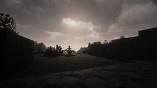 A moody Minecraft scene glows faintly where light breaks through thick clouds.