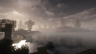 A misty Minecraft lake reflects dark clouds and pale light across a quiet shoreline.