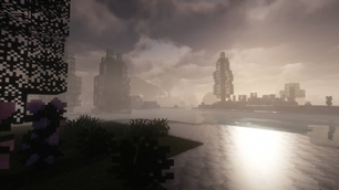 A misty Minecraft lake glows softly under dark clouds and pale evening light.