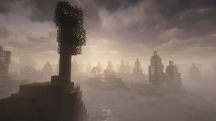 A lone Minecraft tree rises above a misty landscape under heavy, glowing clouds.