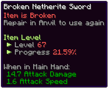 Leveling Tooltip for a Broken Netherite Sword