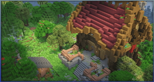 Naturally generated details — flowers on the roof, grass on the terrace