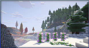Lilacs in a snowy mountain landscape