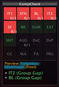 Gap Panel — 5 critical gaps, 4 covered buckets. Hover preview shows a Frost Mage closing Bloodlust and Tier-2 Interrupt.