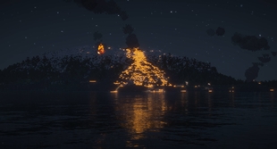 Eruption and lava flow in the distance