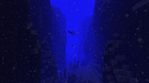 A giant squid swims through a Trench biome as marine snow slowly drifts down from above