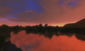 sunset by a riverside forest