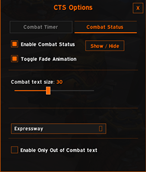 CTS Options showing Combat status tab