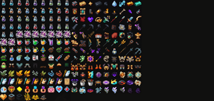 Tons of potions(there are way more) healing drinking and temperature regulating items, and custom weapons.