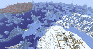 Snowy village near mushroom fields