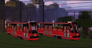 Two duets of 105N-HF11AC trams with orange boards and white boards 2.png