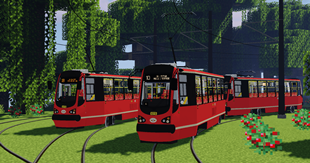Two duets of 105N-HF11AC trams with orange boards and white boards.png