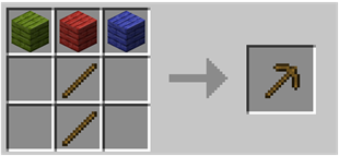 A pickaxe being crafted with some dyed planks