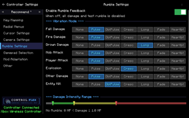 Rumble Settings — patterns per damage type