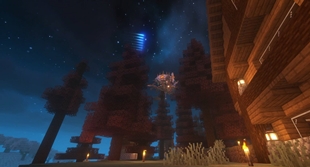 Flying ship next to cozy house
