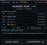  Pre-Key launch panel with group readiness, utility checks, personal dungeon notes, Ready Check, and 10-second Countdown.
