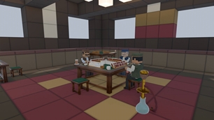 The coffee house: several tables, tea counter, stove, daylight