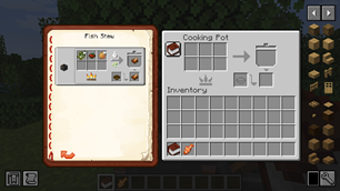 Book's docked page in farmer's cooking pot showing recipe